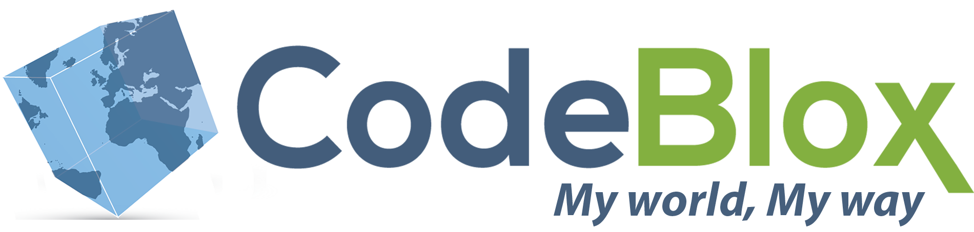 Codeblox logo showing square globe and My World My Way slogan.